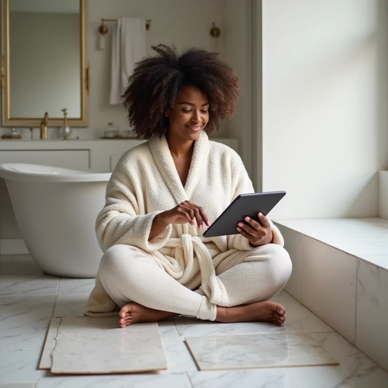Mulher pesquisando preços de porcelanato para banheiro.