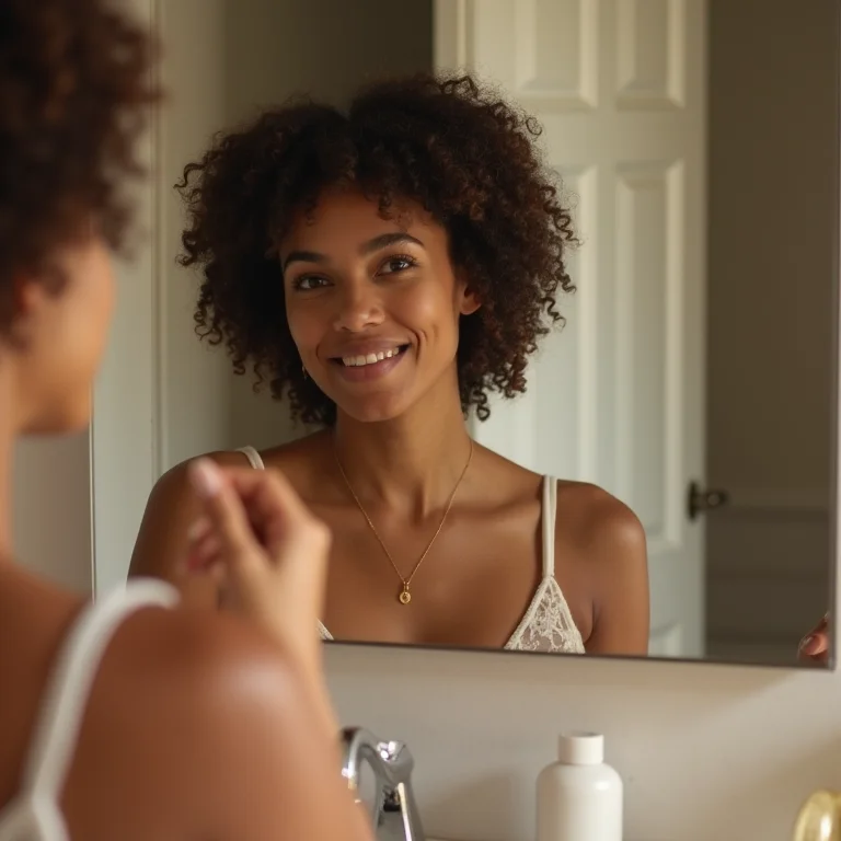 Mulher posicionando espelho para maximizar a luz no banheiro