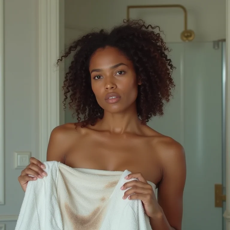 Mulher preocupada com toalha branca manchada no banheiro