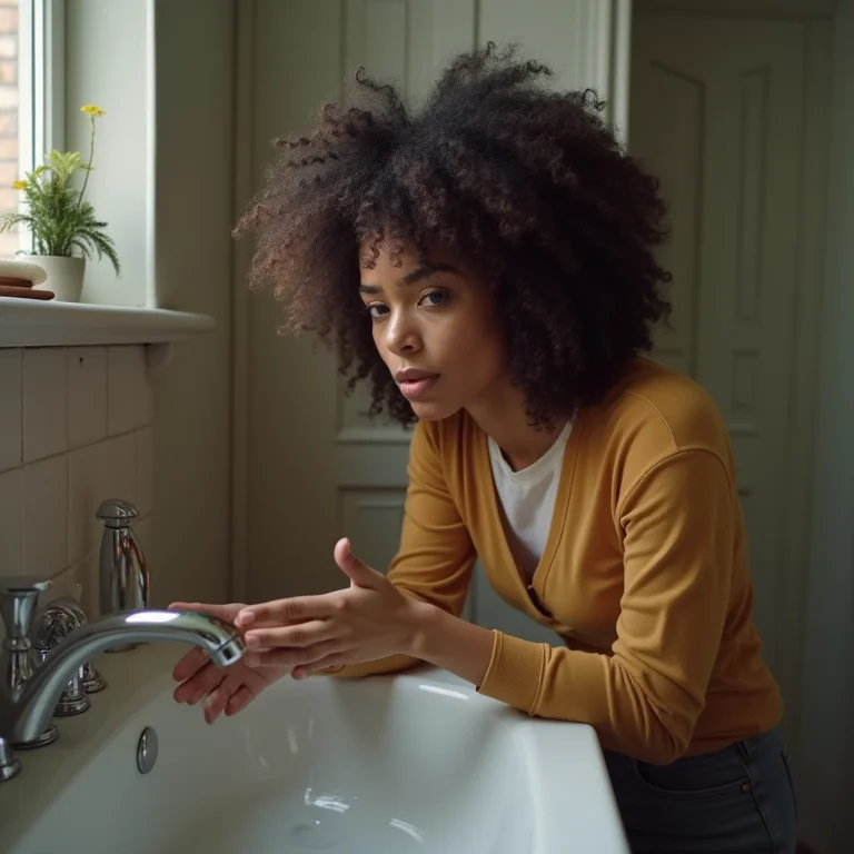 Mulher preocupada inspecionando um vazamento no banheiro