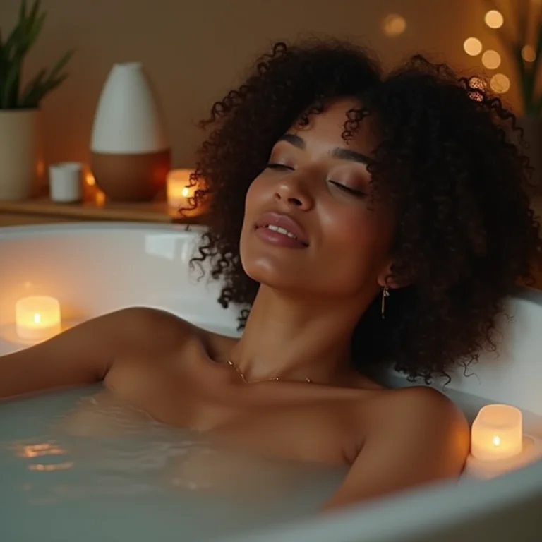 Mulher relaxando em banheira com aromaterapia e iluminação ambiente