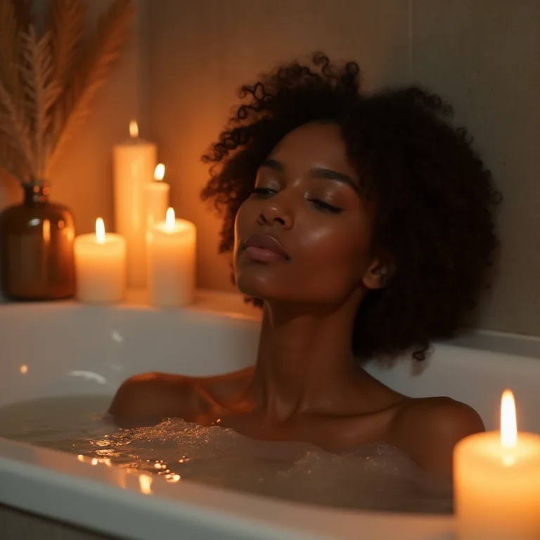 Mulher relaxando em banheira com iluminação quente