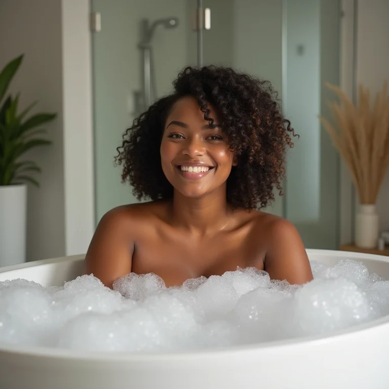 Mulher relaxando em banheira de banheiro reversível com espuma