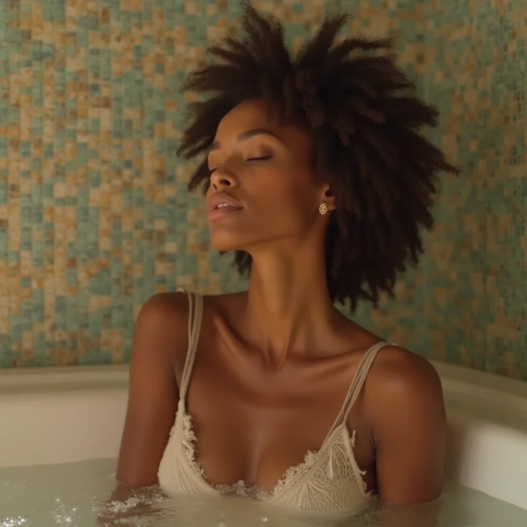 Mulher relaxando em banheiro com pastilhas em cores relaxantes