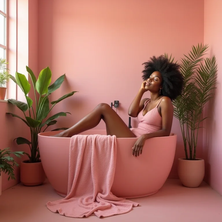 Mulher relaxando em banheiro rosa aconchegante
