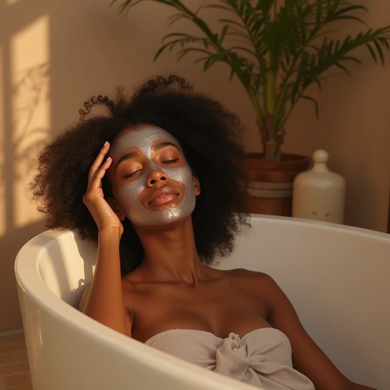 Mulher relaxando em banheiro zen com máscara facial