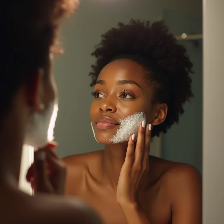 Mulher se barbeando em banheiro com iluminação LED.