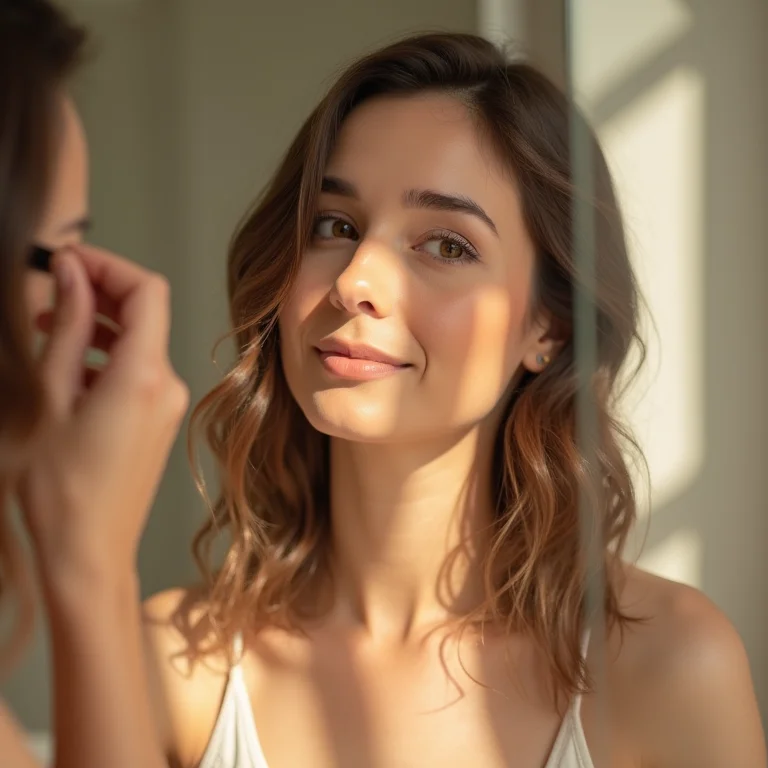 Mulher se maquiando em banheiro com boa iluminação