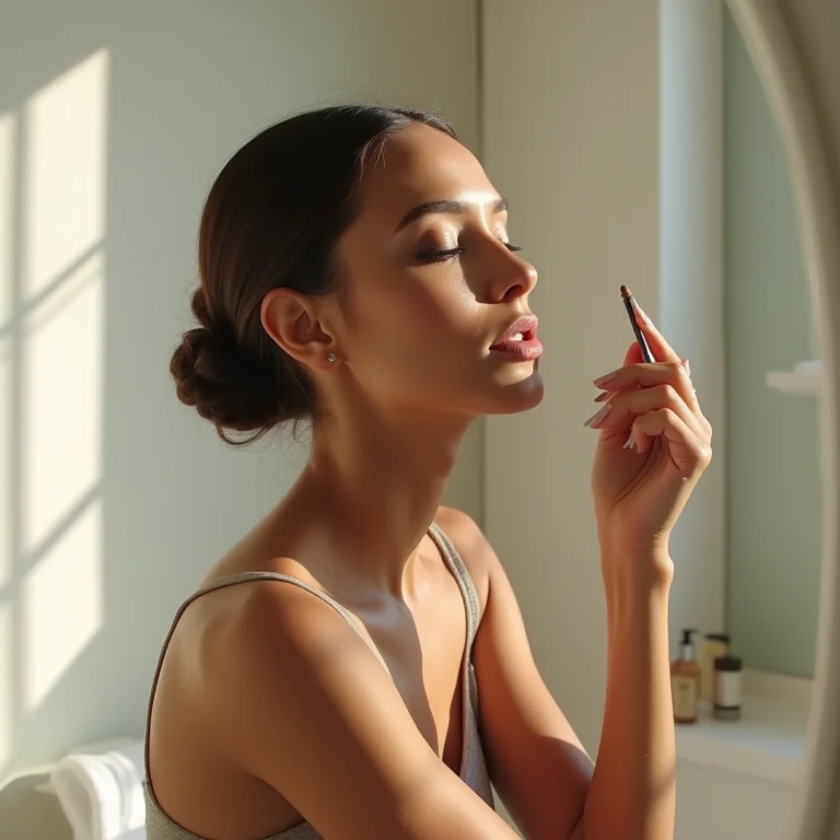 Mulher se maquiando em banheiro contemporâneo com boa iluminação