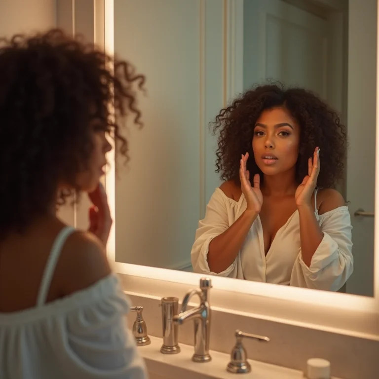 Mulher se maquiando em frente a um espelho amplo e bem iluminado no banheiro