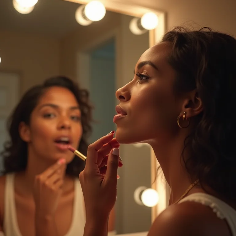 Mulher se maquiando em frente ao espelho do banheiro