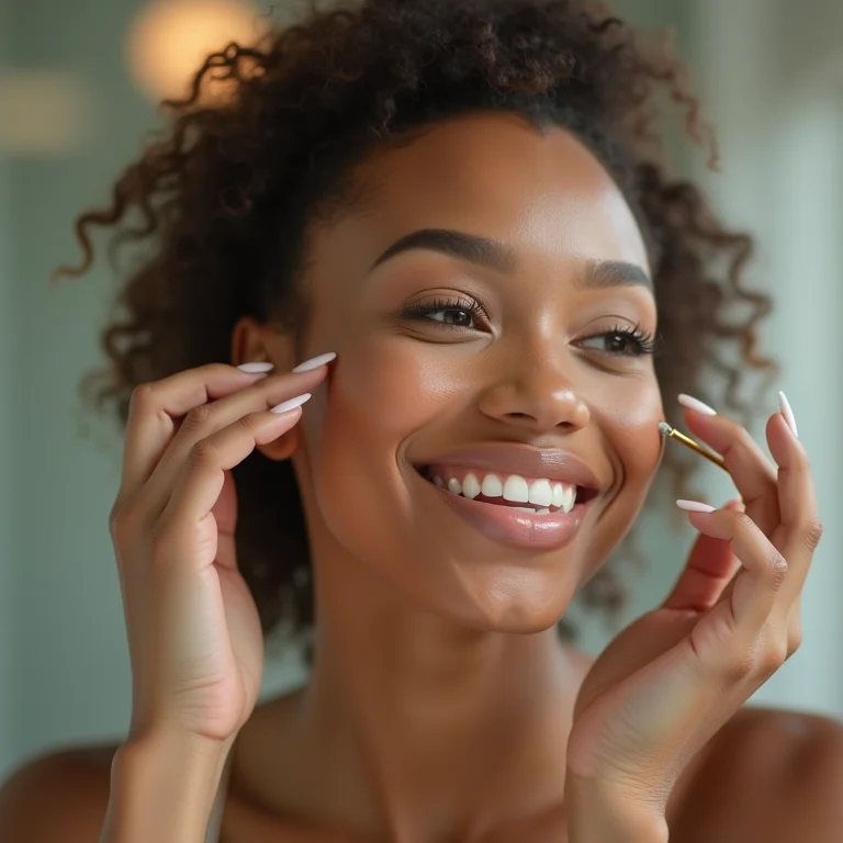 Mulher se maquiando em um banheiro iluminado