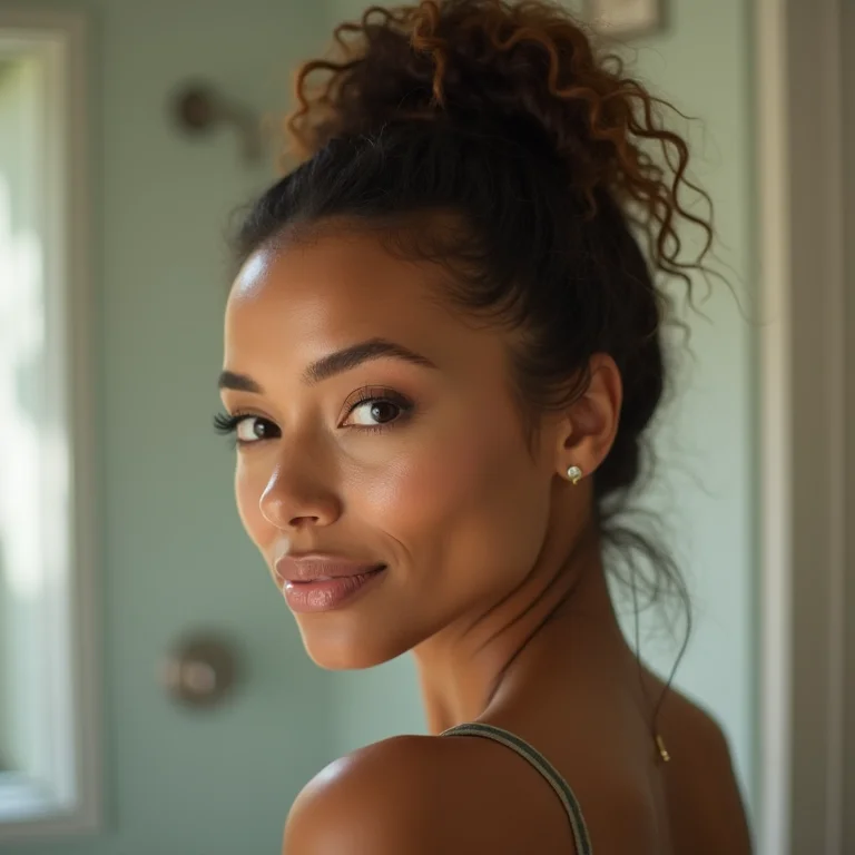 Mulher serena em um banheiro iluminado, representando o impacto psicológico das cores