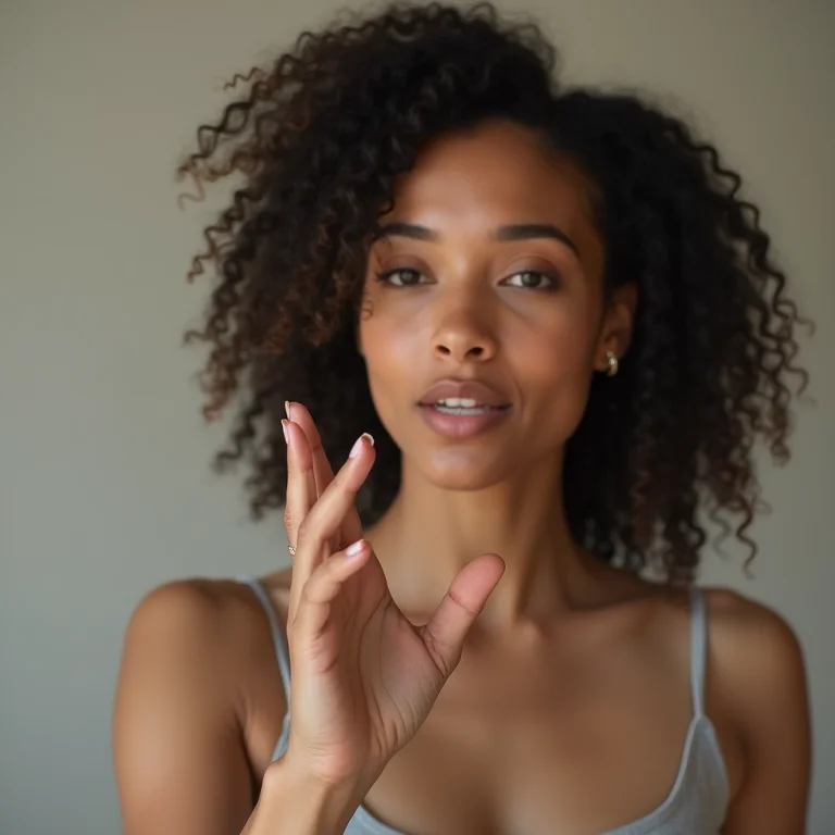 Mulher sinalizando 'Preciso ir ao banheiro' em Libras