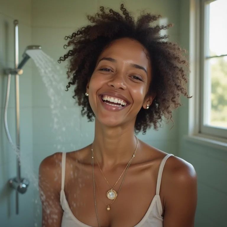 Mulher sorrindo ao usar chuveiro acessível e espaçoso.
