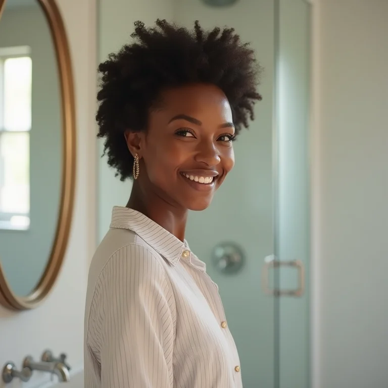 Mulher sorrindo em banheiro reversível renovado
