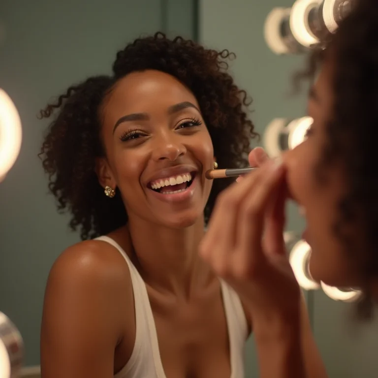 Mulher sorrindo em frente ao espelho com iluminação industrial