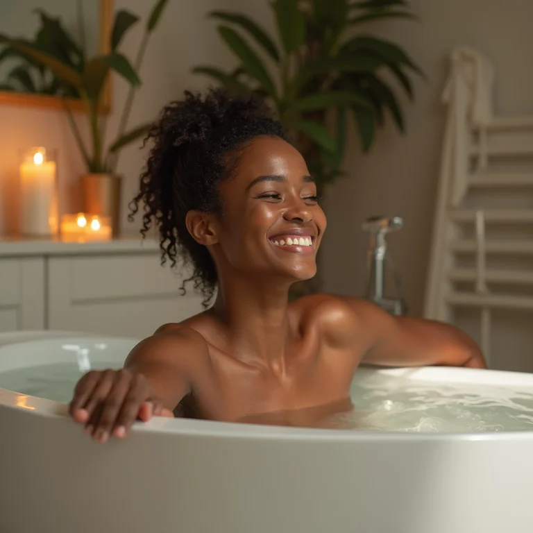 Mulher sorrindo em um banheiro organizado