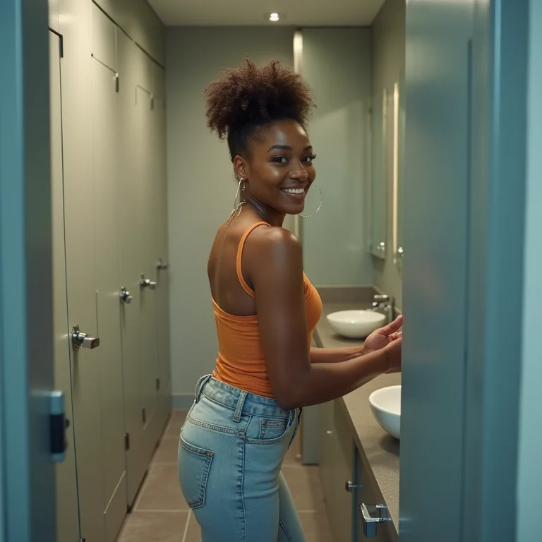 Mulher sorrindo lavando as mãos em banheiro químico