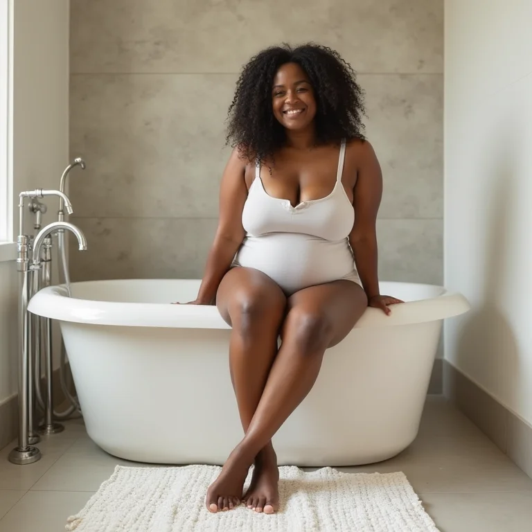 Mulher sorrindo sentada na borda da banheira com tapete de crochê.