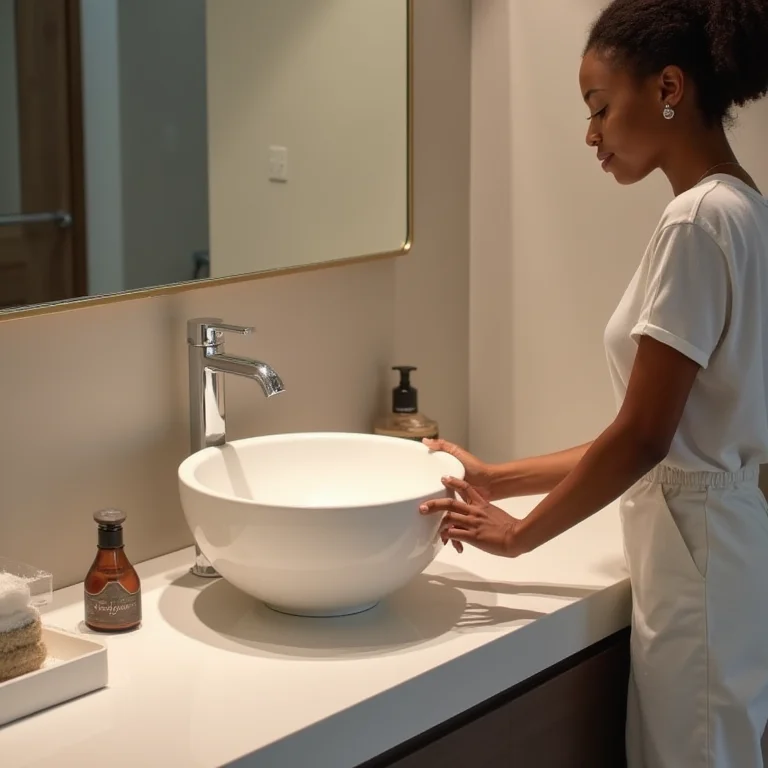 Mulher testando altura ideal de bancada com cuba de apoio.