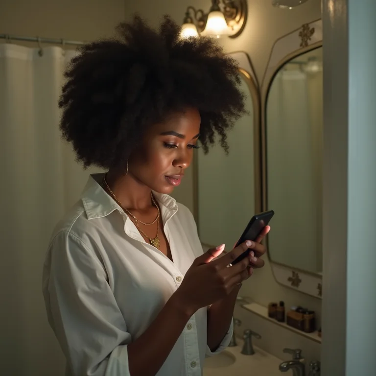 Mulher usando app de tradução no banheiro