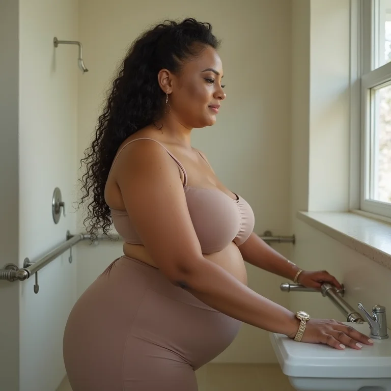 Mulher usando barra de apoio em banheiro acessível