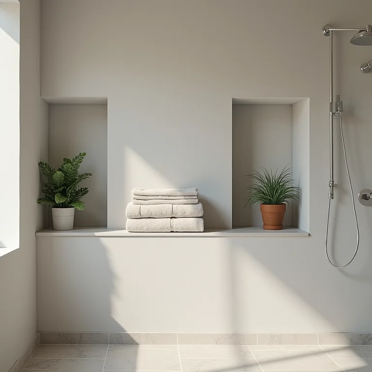 Nichos e prateleiras aéreas otimizando espaço em banheiro pequeno