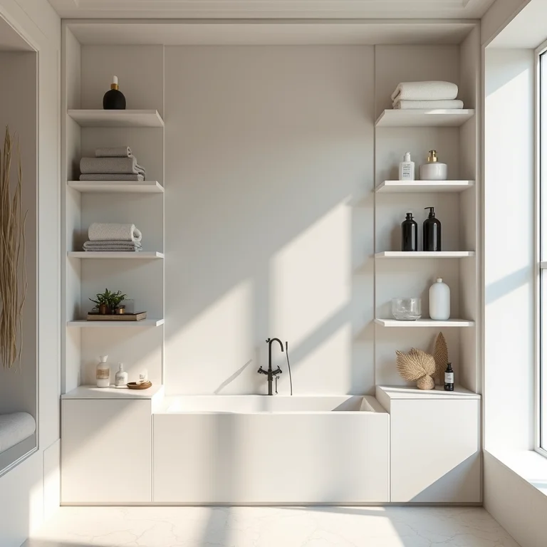 Nichos e prateleiras embutidas para organização em banheiro