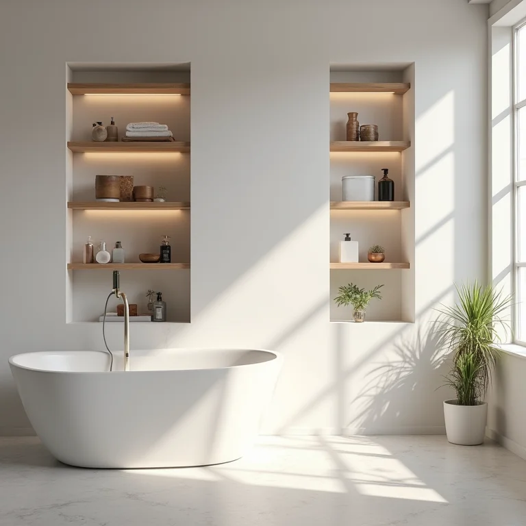 Nichos embutidos na parede de um banheiro