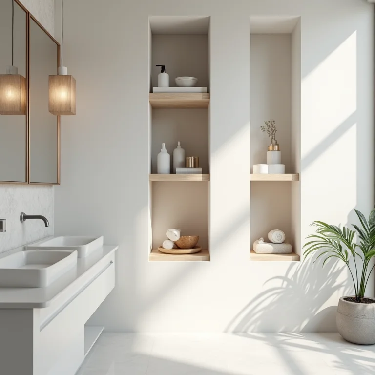 Nichos embutidos organizados em parede de banheiro