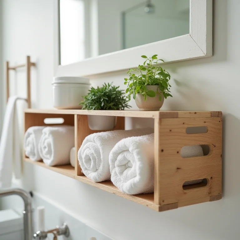 Organizador de banheiro DIY feito com caixotes de madeira