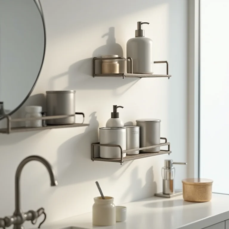 Organizadores de parede feitos com potes e latas em banheiro.