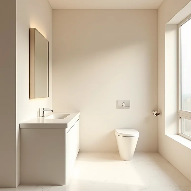 Paleta de cores claras e neutras em um lavabo pequeno.