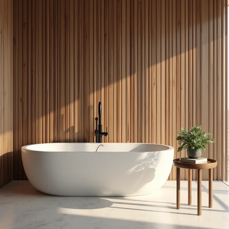 Parede de banheiro revestida com madeira ripada