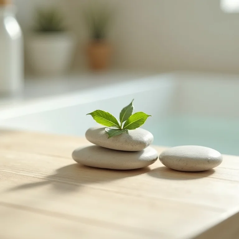 Pedras e madeira em banheiro minimalista zen