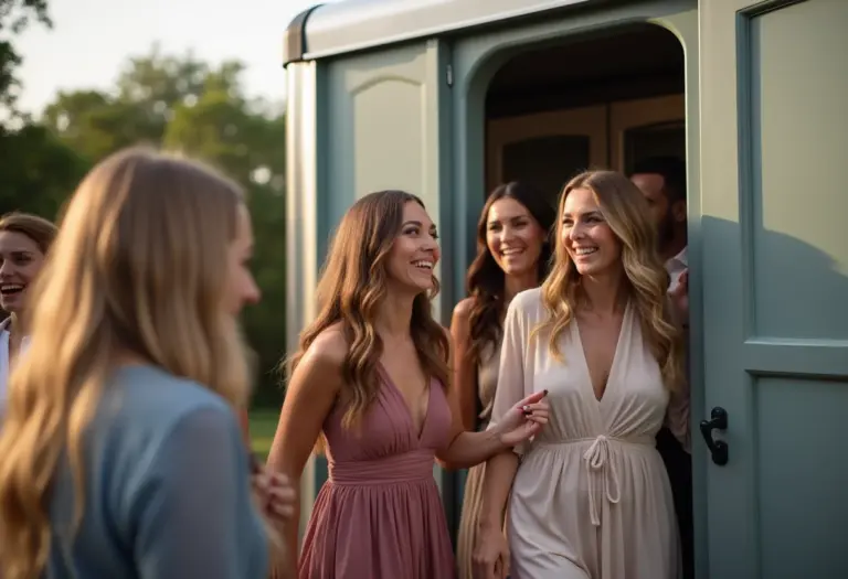 Pessoas saindo felizes de banheiros químicos em evento