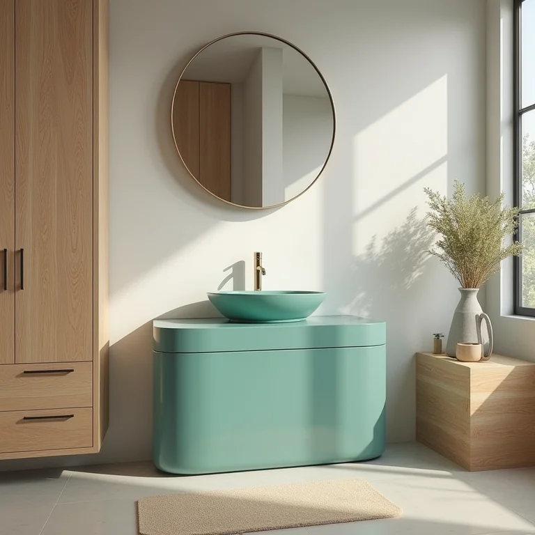 Pia azul turquesa combinada com tons neutros