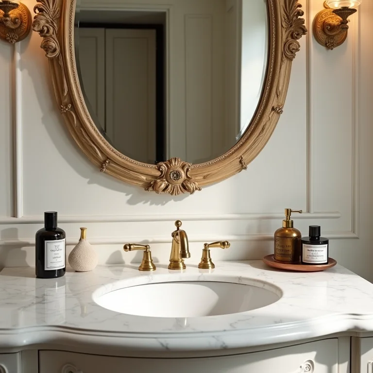 Pia clássica e elegante com detalhes em mármore e dourado