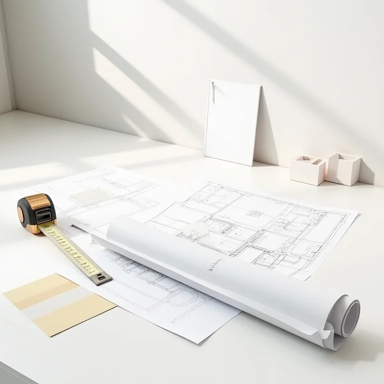 Planejamento de reforma de banheiro com plantas e amostras de cores