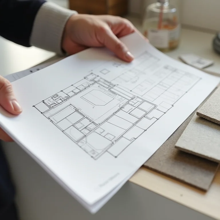 Planta baixa de um banheiro com amostras de materiais