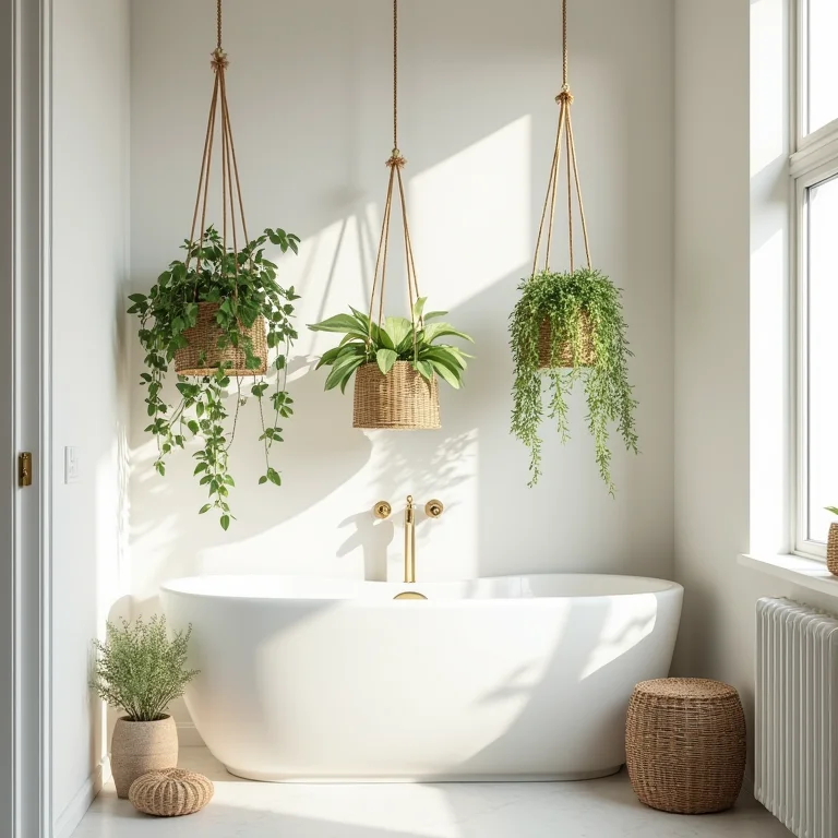 Plantas suspensas em banheiro com decoração minimalista