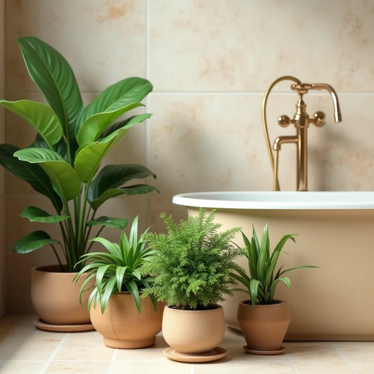 Plantas verdes perto de uma banheira bege em um banheiro.