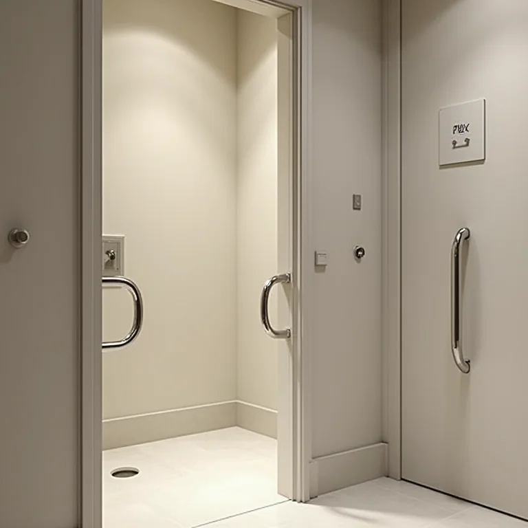 Porta de banheiro acessível com espaço de manobra e maçaneta fácil de segurar