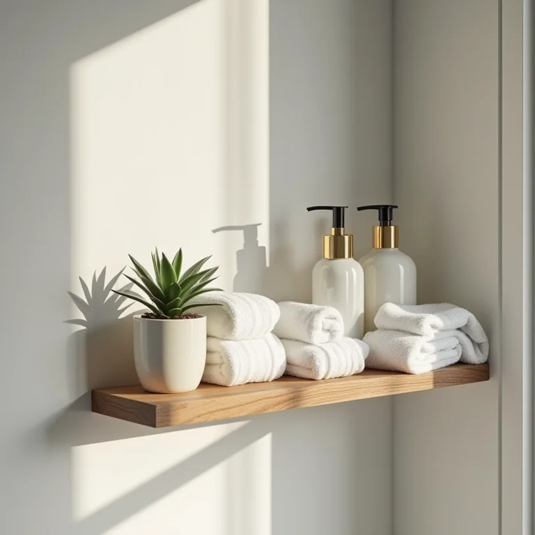 Prateleira organizada em banheiro pequeno com toalhas e produtos