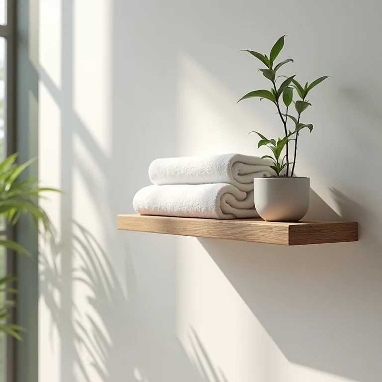 Prateleira suspensa com toalhas e plantas em um banheiro pequeno