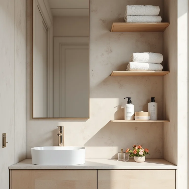 Prateleiras altas em banheiro pequeno