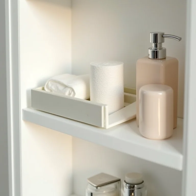 Prateleiras de banheiro com itens essenciais ao alcance das mãos