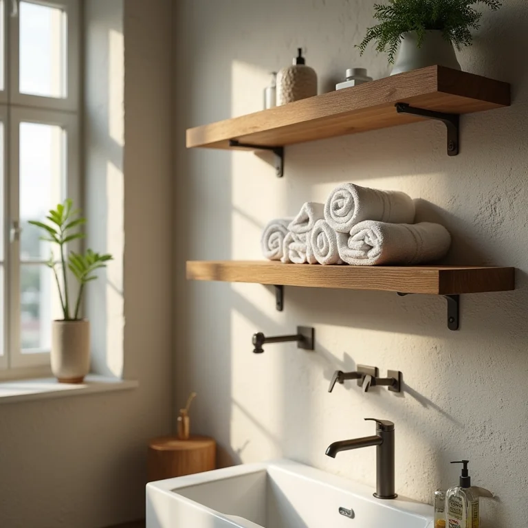 Prateleiras de madeira com toalhas e plantas em banheiro