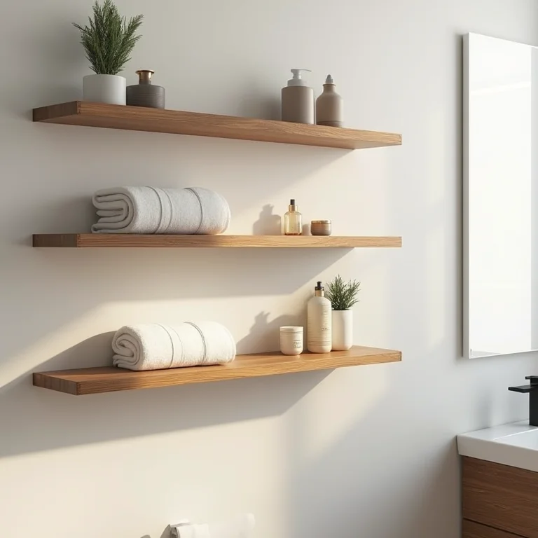 Prateleiras de madeira em banheiro